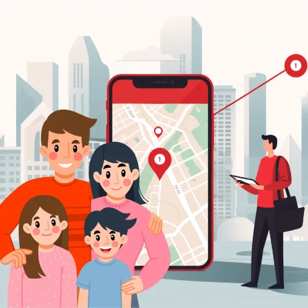 Illustration of a family of four beside a phone showing a live location map, with a man checking a tablet in the background