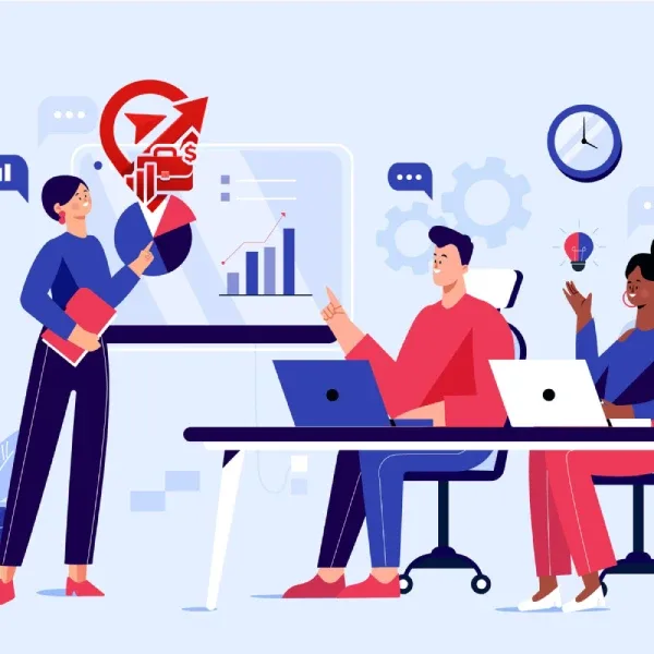 Illustration of a manager presenting a location analytics chart to two colleagues seated at laptops in an office