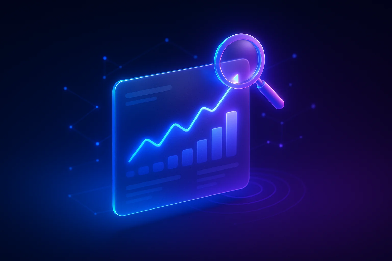 Glowing blue-to-violet 3D illustration of a holographic dashboard panel with an upward trend line and bar chart under a magnifying glass, representing SigmaTurn's AI Insights module
