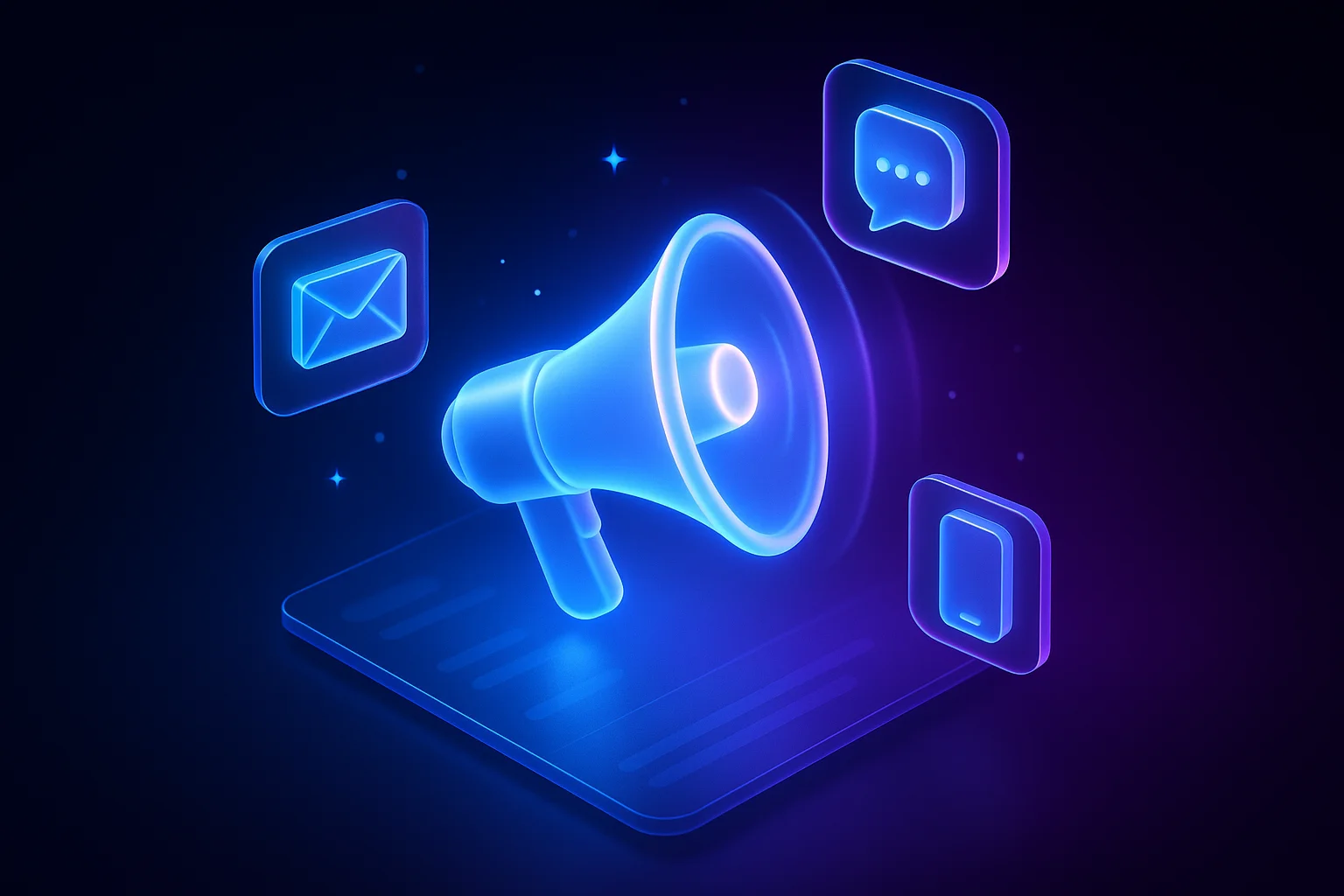Glowing blue-to-violet 3D illustration of a megaphone broadcasting to email, chat, and phone icons, representing SigmaTurn's AI Marketing module