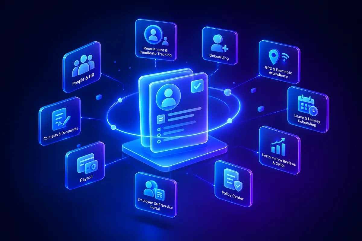 Glowing blue 3D illustration of an employee profile card connected to labeled HR feature panels — recruitment, onboarding, GPS & biometric attendance, payroll, leave scheduling, performance reviews, and policy center — representing SigmaTurn's People & HR module