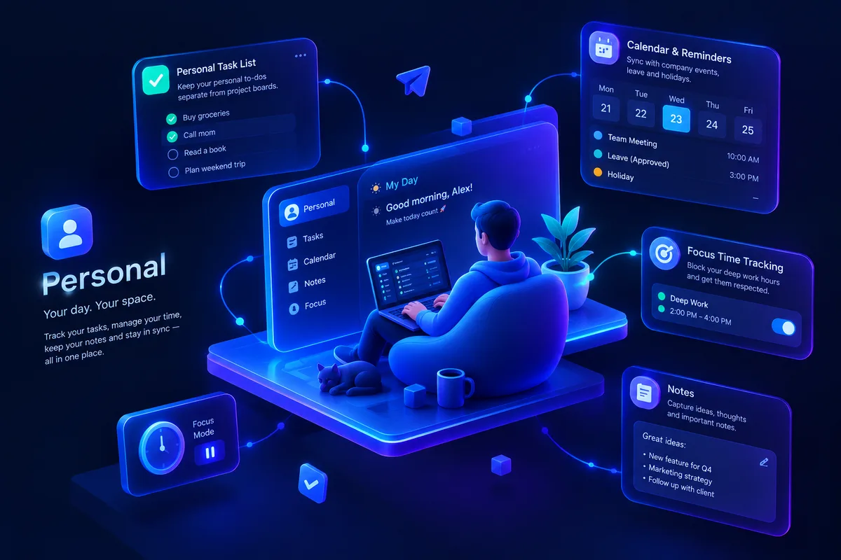 Glowing blue 3D illustration of a person working on a laptop in a cozy personal workspace, connected to labeled panels for personal task list, calendar & reminders, notes, and focus-time tracking — representing SigmaTurn's Personal module