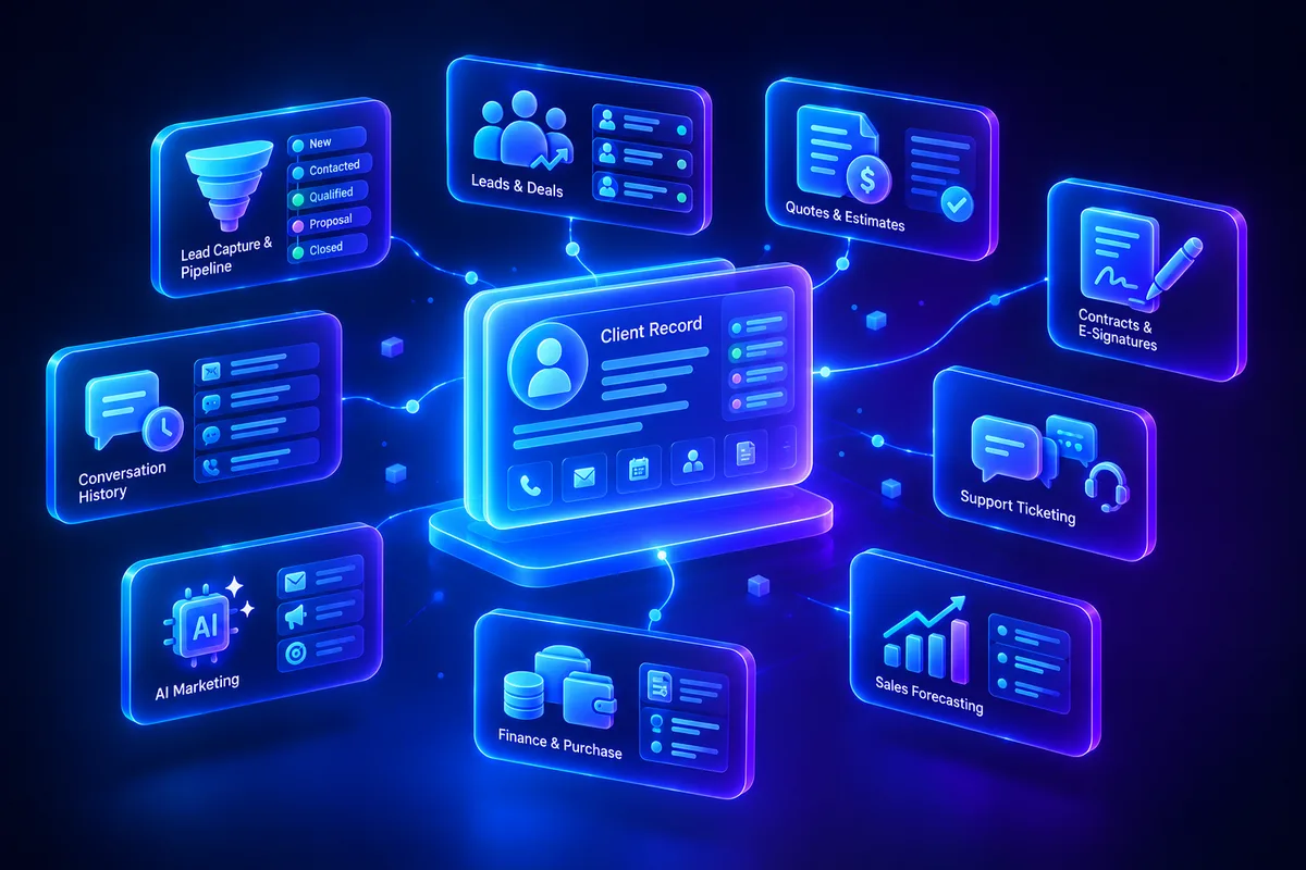 Glowing blue 3D illustration of a central client record card connected to labeled CRM feature panels — lead capture & pipeline, quotes & estimates, contracts & e-signatures, support ticketing, and sales forecasting — representing SigmaTurn's Sales & CRM module