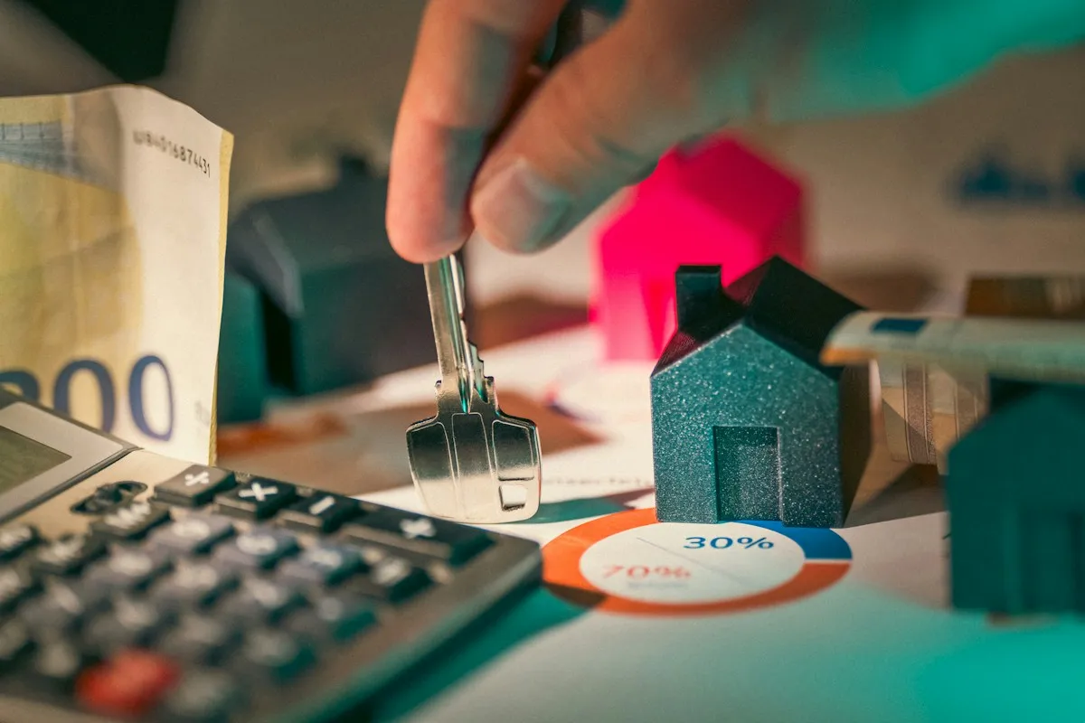 Hand holding a house key above model homes, a calculator and euro banknotes — representing property sales closed faster by Cyprus real estate agencies after digital transformation
