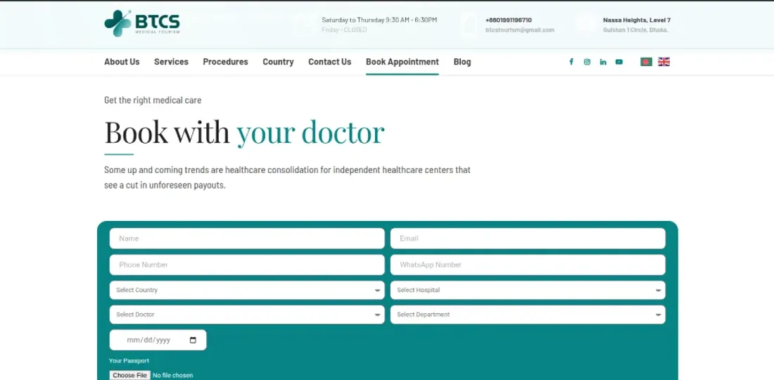 BTCS Medical Tourism website — book an appointment form