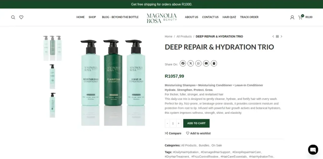 MAGNOLIA ROSA Beauty website — Deep Repair & Hydration Trio product bundle